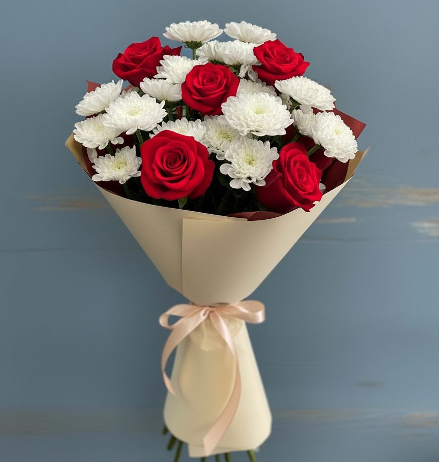 Букет цветов из: Розы и Хризантемы в Борозде