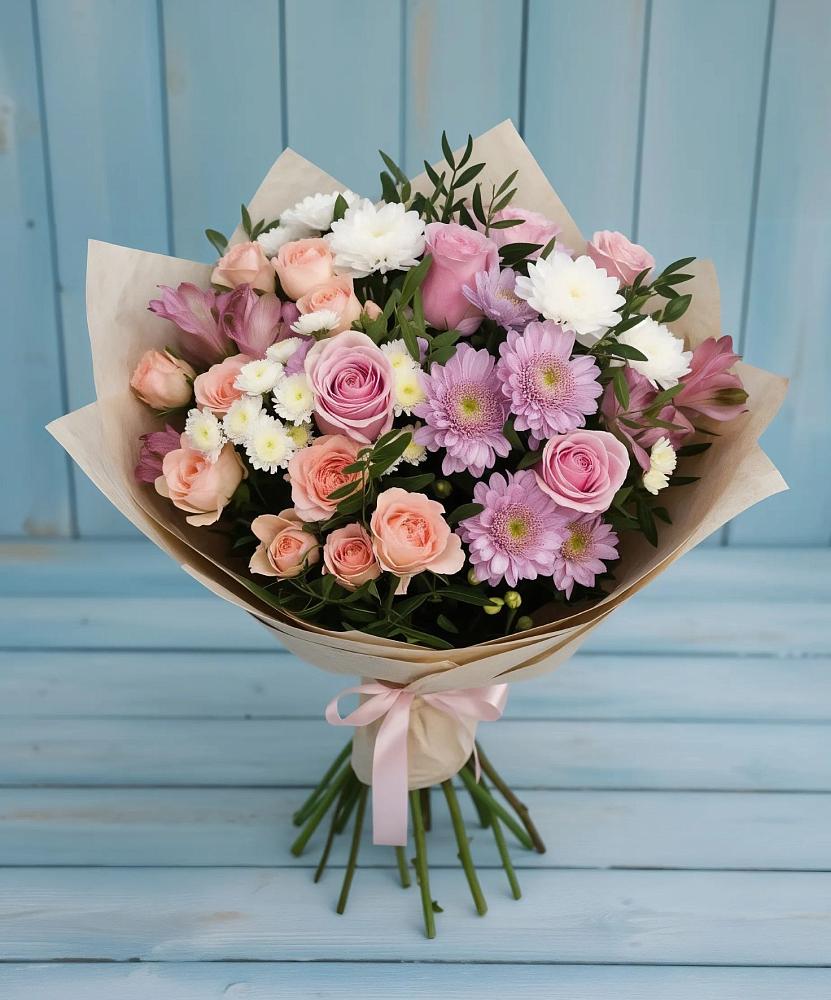 Букет цветов из: Хризантемы, Розы и Альстромерии в Борозде