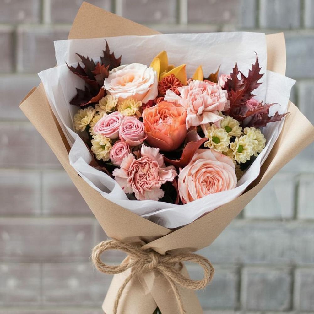 Букет цветов из: Гвоздики, Хризантемы и Розы в Борозде