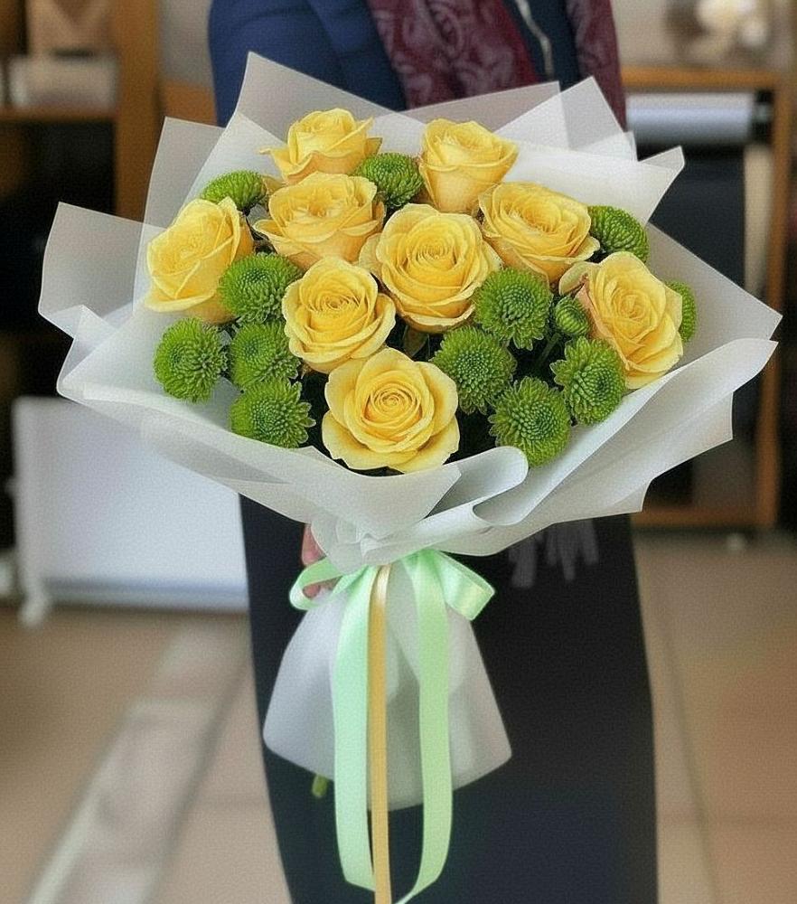 Букет цветов из: Хризантемы и Розы в Борозде