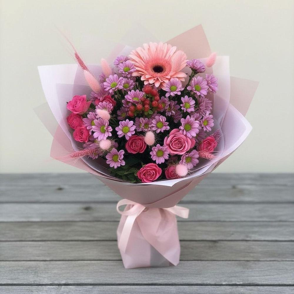 Букет цветов из: Розы, Герберы и Хризантемы в Борозде