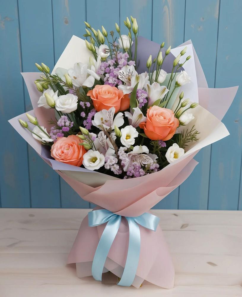 Букет цветов из: Лизиантусы, Розы, Альстромерии и Гипсофила в Борозде