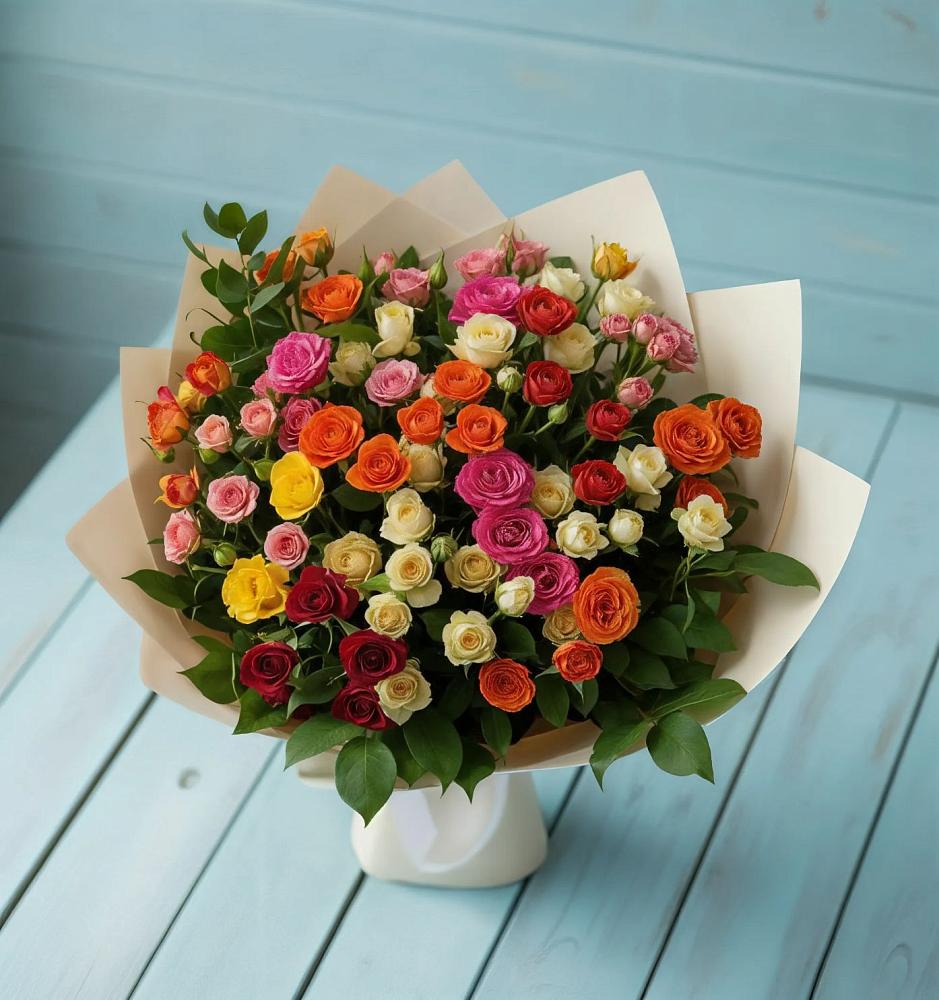 Букет Микс из разноцветных кустовых роз в Борозде
