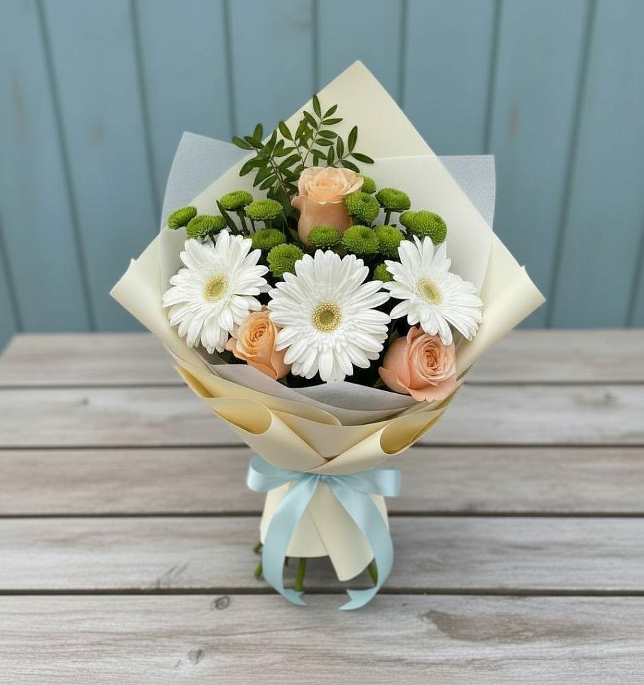 Букет цветов из: Герберы, Розы и Хризантемы в Борозде