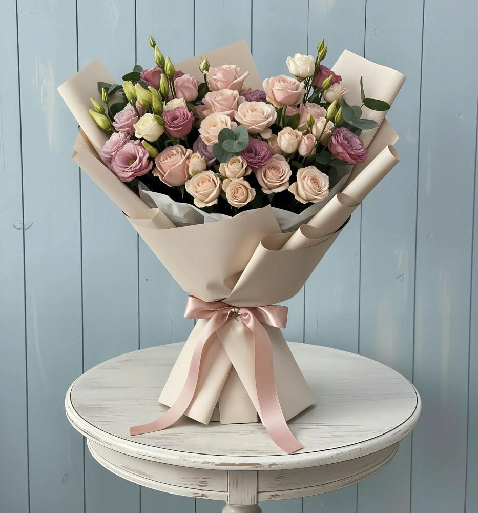 Букет цветов из: Розы и Лизиантусы в Борозде