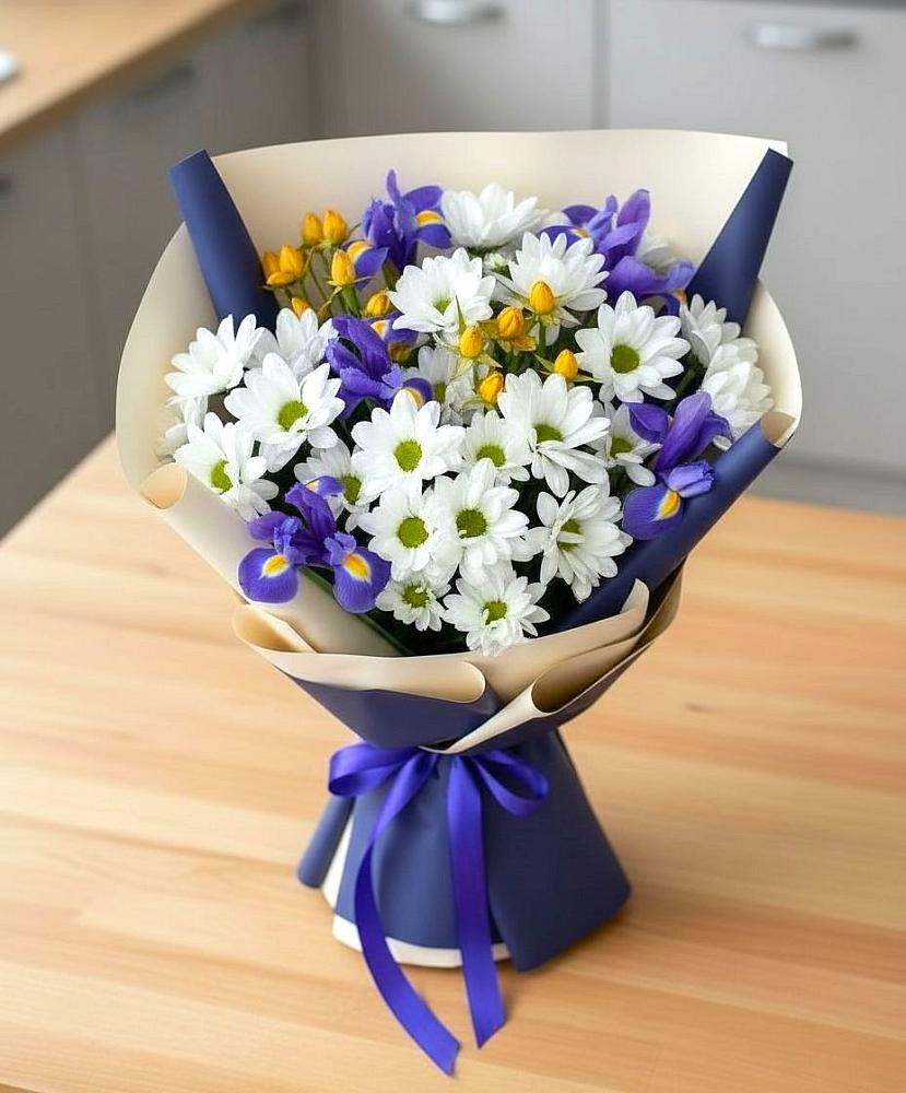Букет цветов из: Розы, Ирисы и Хризантемы в Борозде