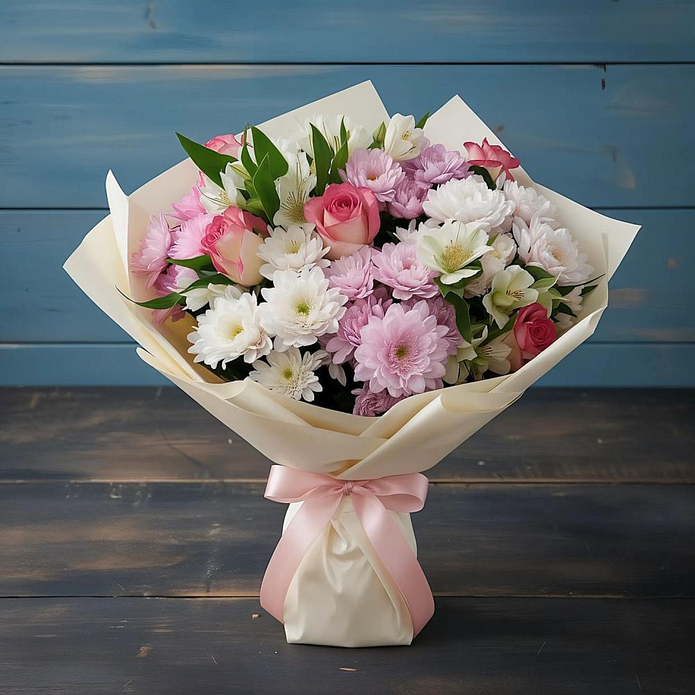 Букет цветов из: Хризантемы, Альстромерии и Розы в Борозде